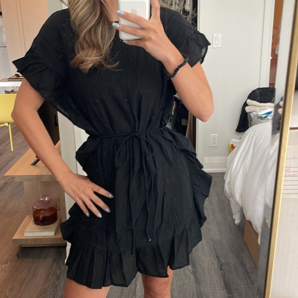 Black Ruffled Dress with Waist Tie, Size XS